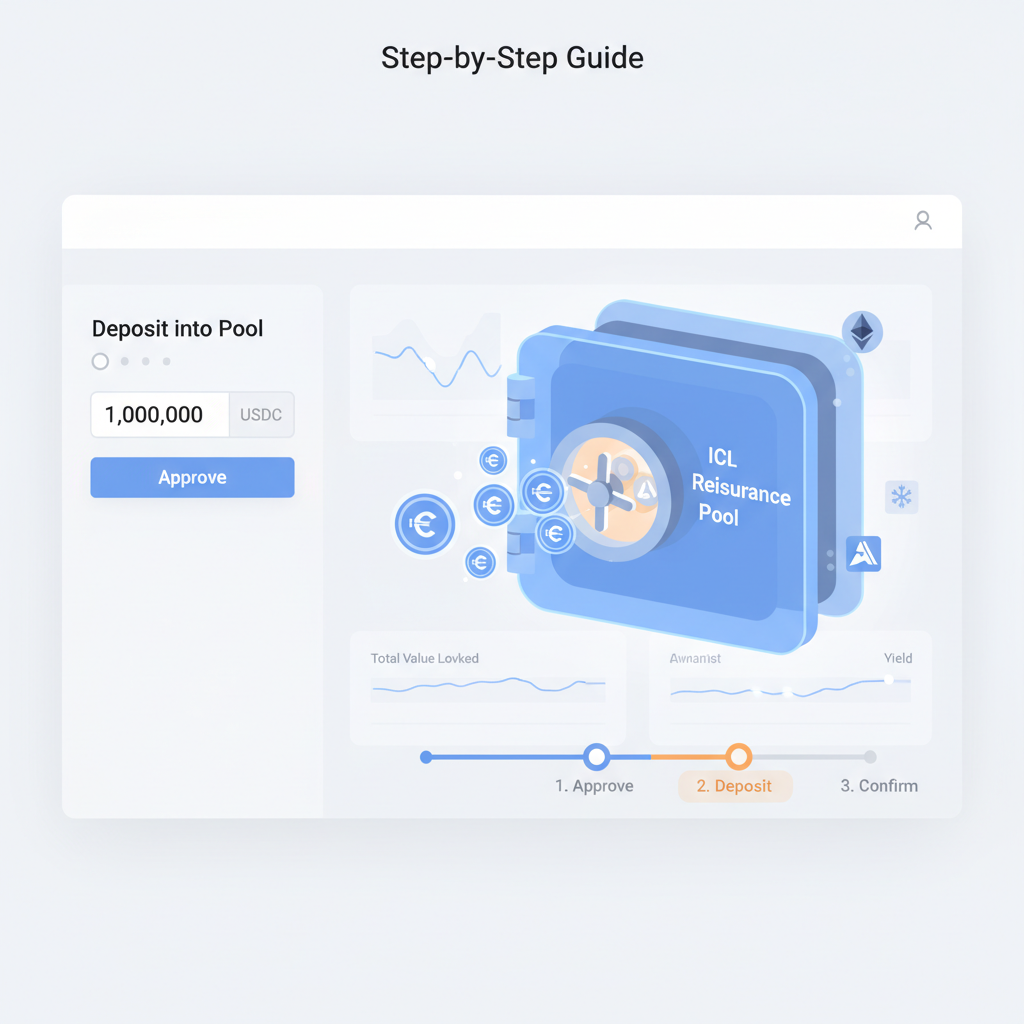 deposit USDC into reinsurance pool UI, USDC tokens flowing into glowing ICL vault, ethereum or avalanche icons, clean defi dashboard