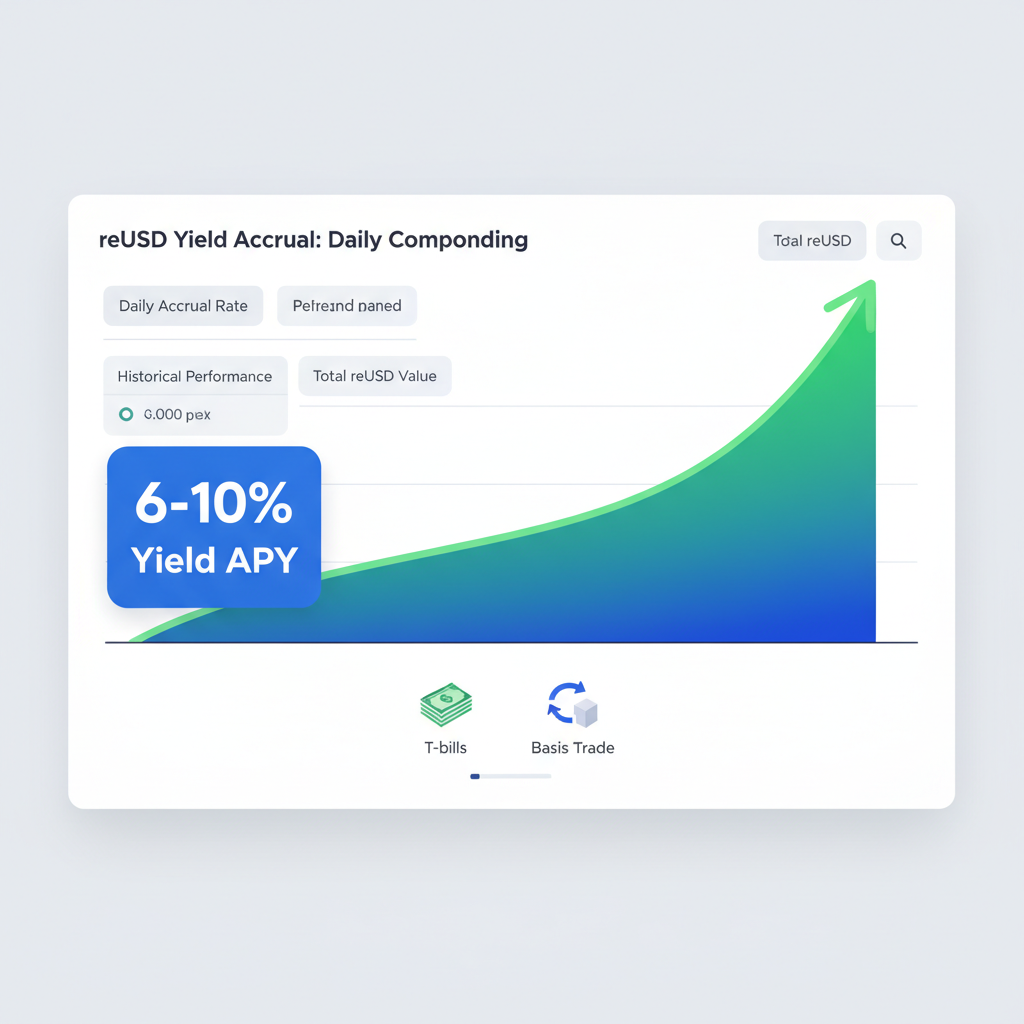 yield accrual chart for reUSD, daily compounding graph rising steadily, T-bills and basis trade icons, data-driven dashboard with 6-10% yield label