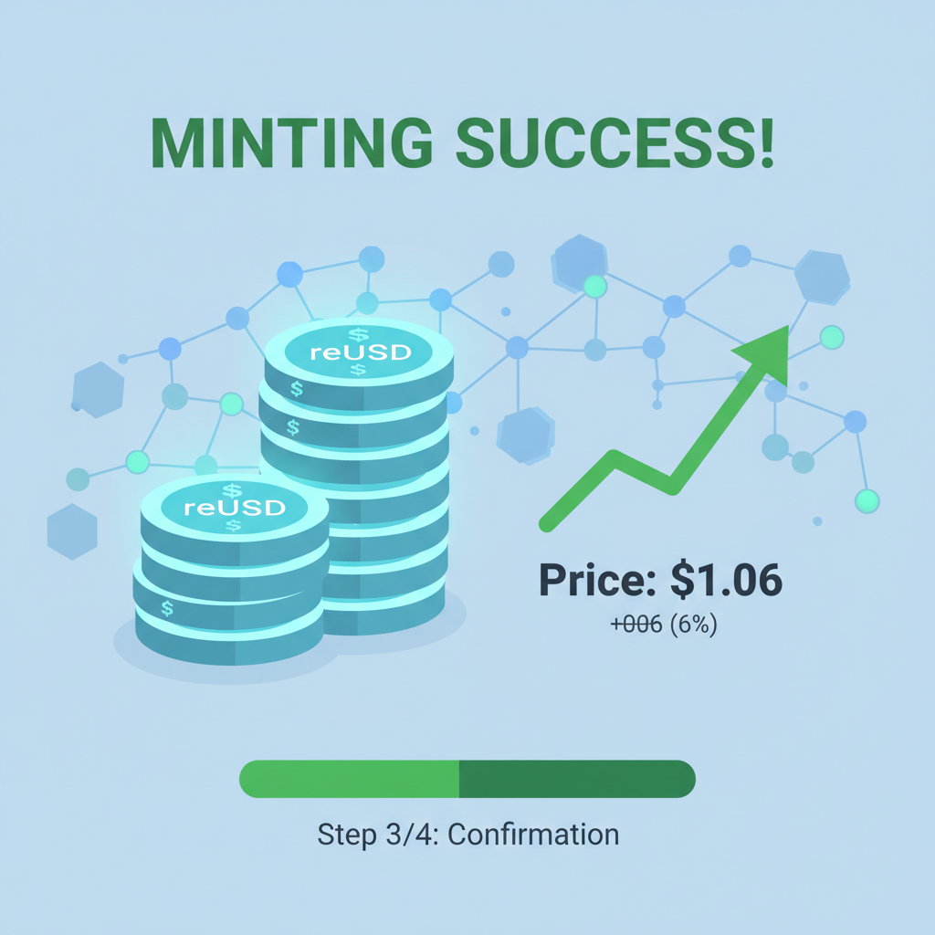 reUSD tokens minting success screen, tokens stacking up with price chart showing $1.06, green appreciation arrow, blockchain theme