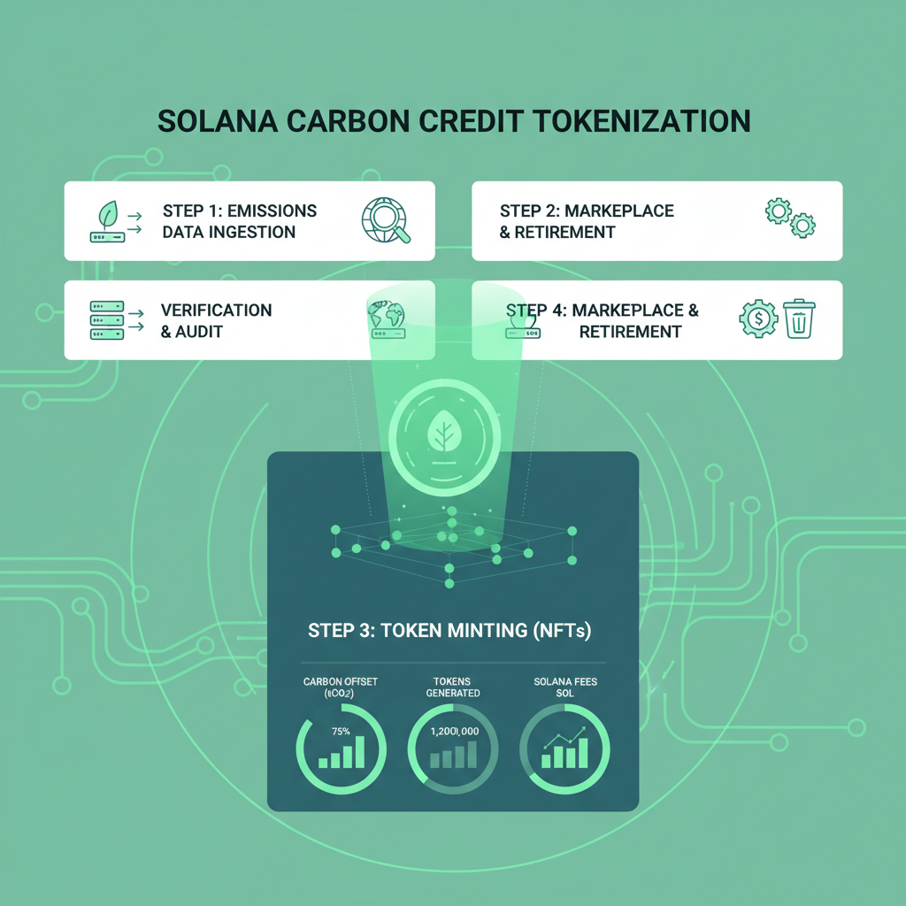 eco-friendly blockchain dashboard planning carbon credit tokenization on Solana, charts and green holograms