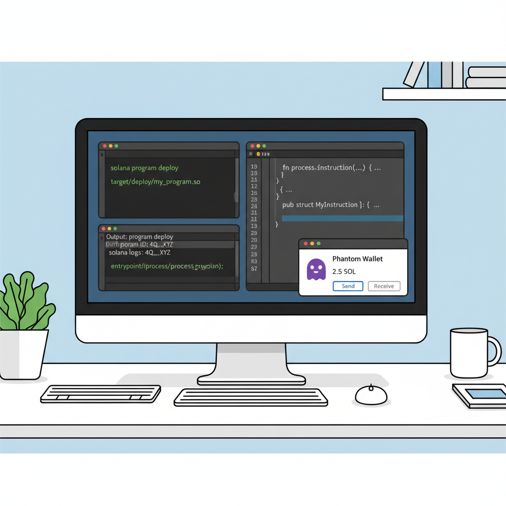 developer workstation with Solana CLI terminal, Rust code, Phantom wallet open