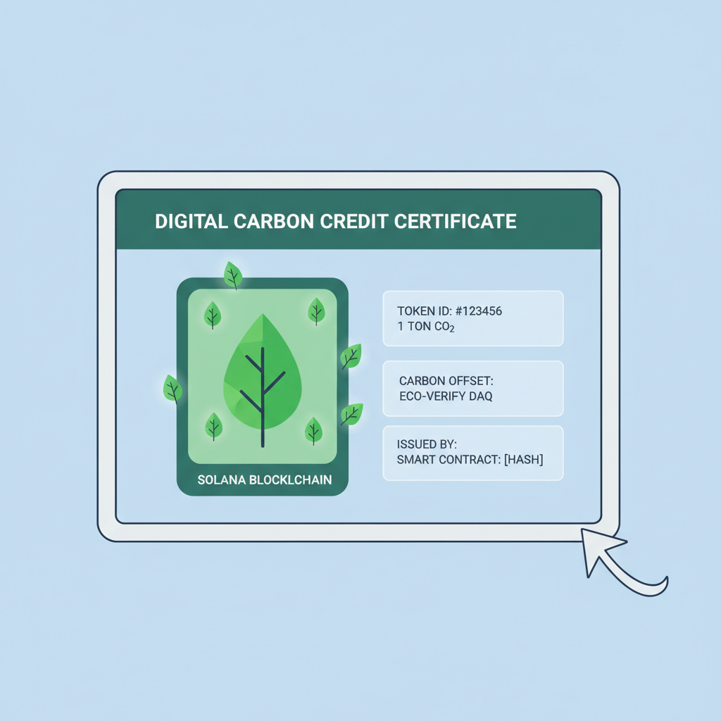digital NFT carbon credit certificate on Solana blockchain, green leaf icons, metadata overlay
