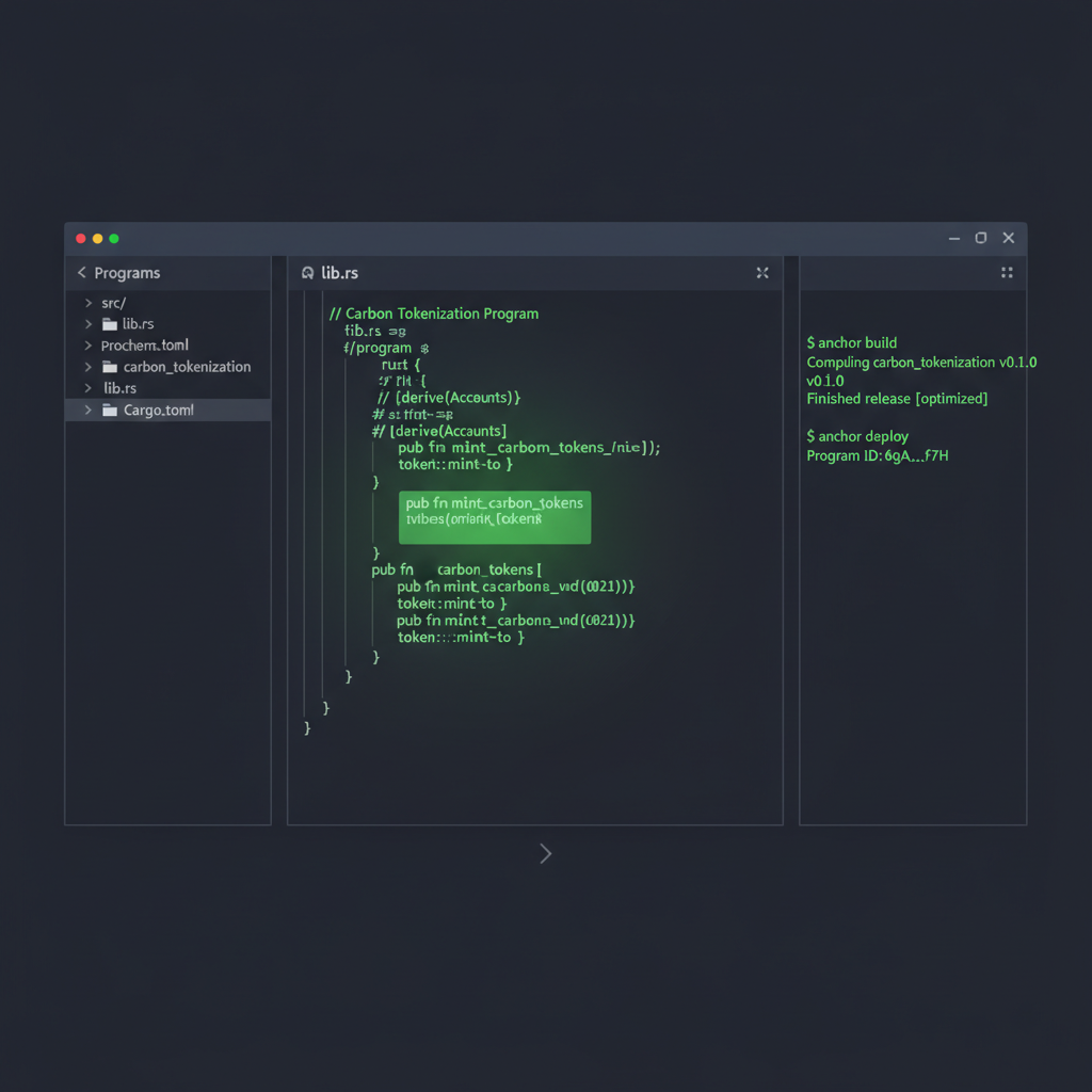 Rust code editor with Anchor Solana smart contracts for carbon tokenization, glowing green code