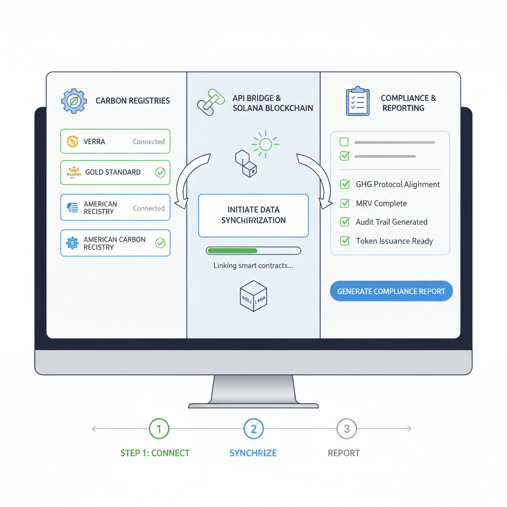 API integration dashboard linking carbon registries to Solana blockchain, compliance checklists