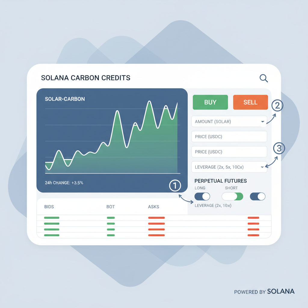 sleek DEX trading interface for Solana carbon credits, charts, buy/sell buttons, perpetual futures