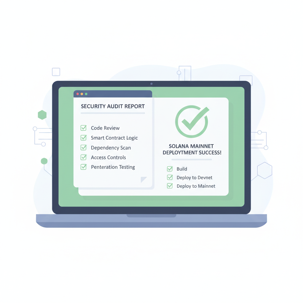 security audit report on laptop, Solana mainnet deployment success screen, green checkmarks