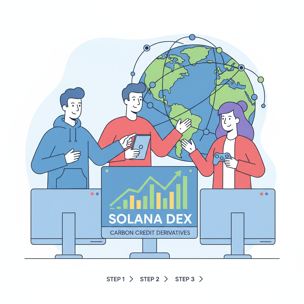 traders executing carbon credit derivatives on Solana DEX, bullish charts, earth globe background