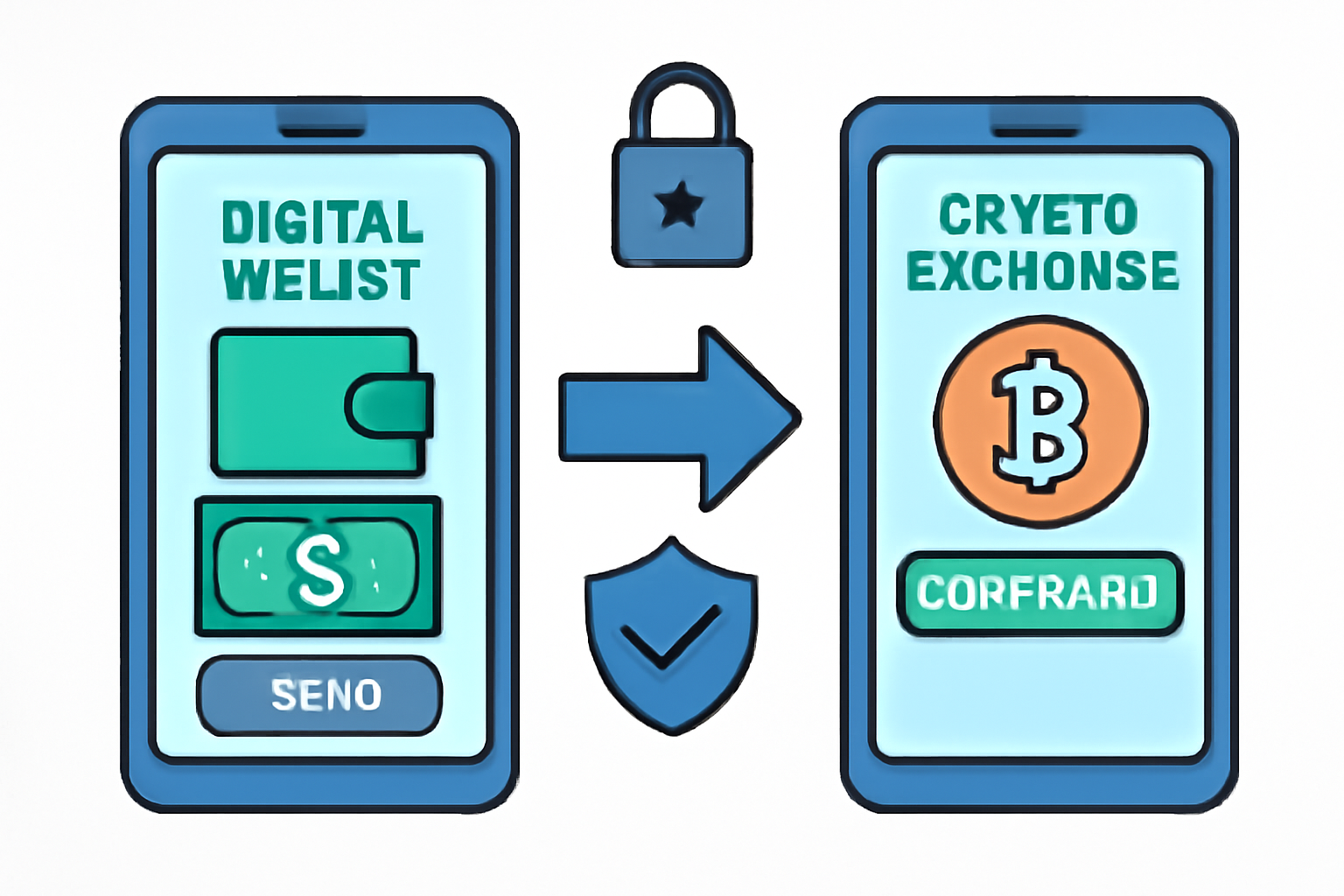 A digital wallet transferring US dollars into a crypto exchange, with security icons and confirmation screens.