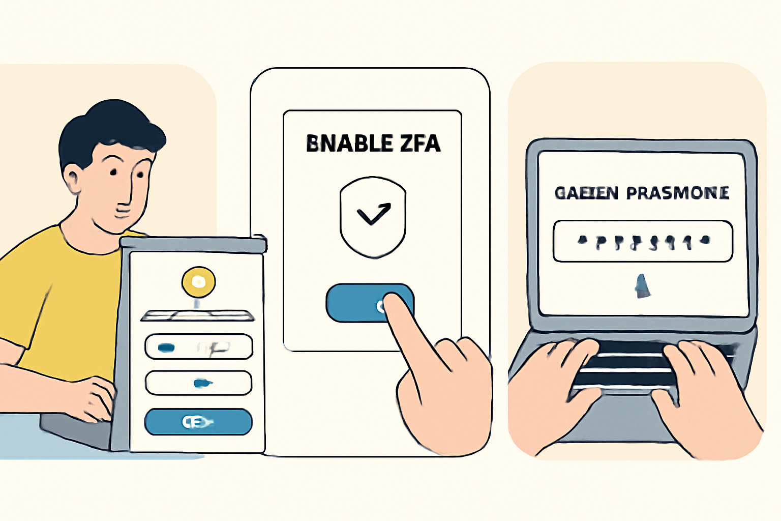 A person setting up a crypto account on a laptop, enabling 2FA, and creating a strong password.