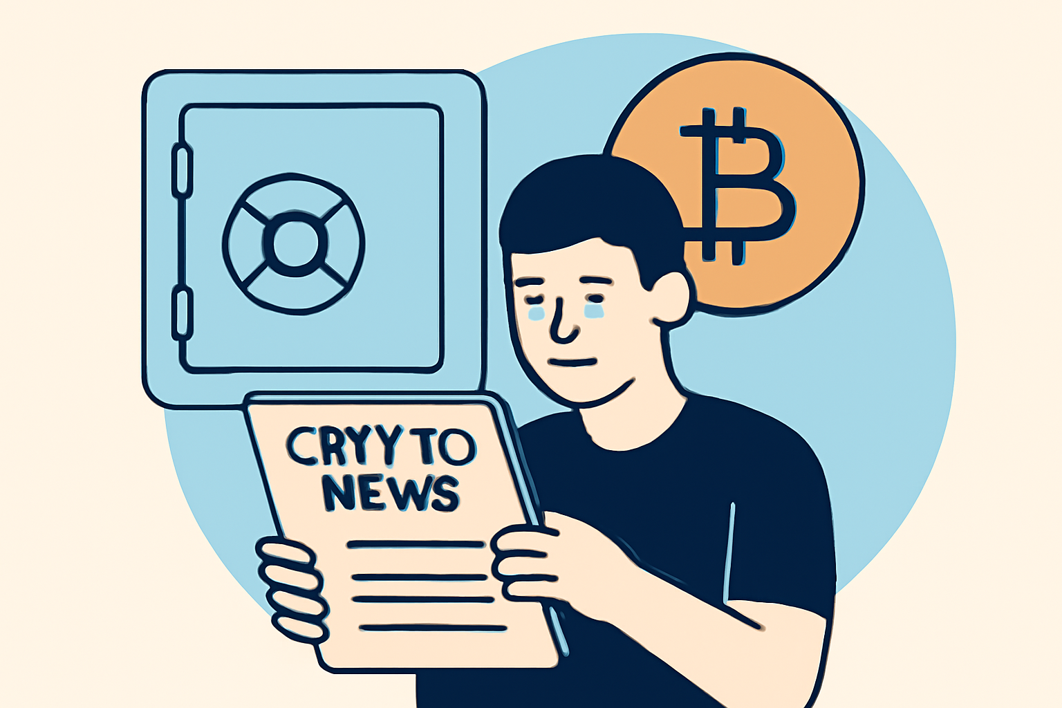 A person reading crypto news on a tablet, with a secure vault and a Bitcoin symbol in the background.