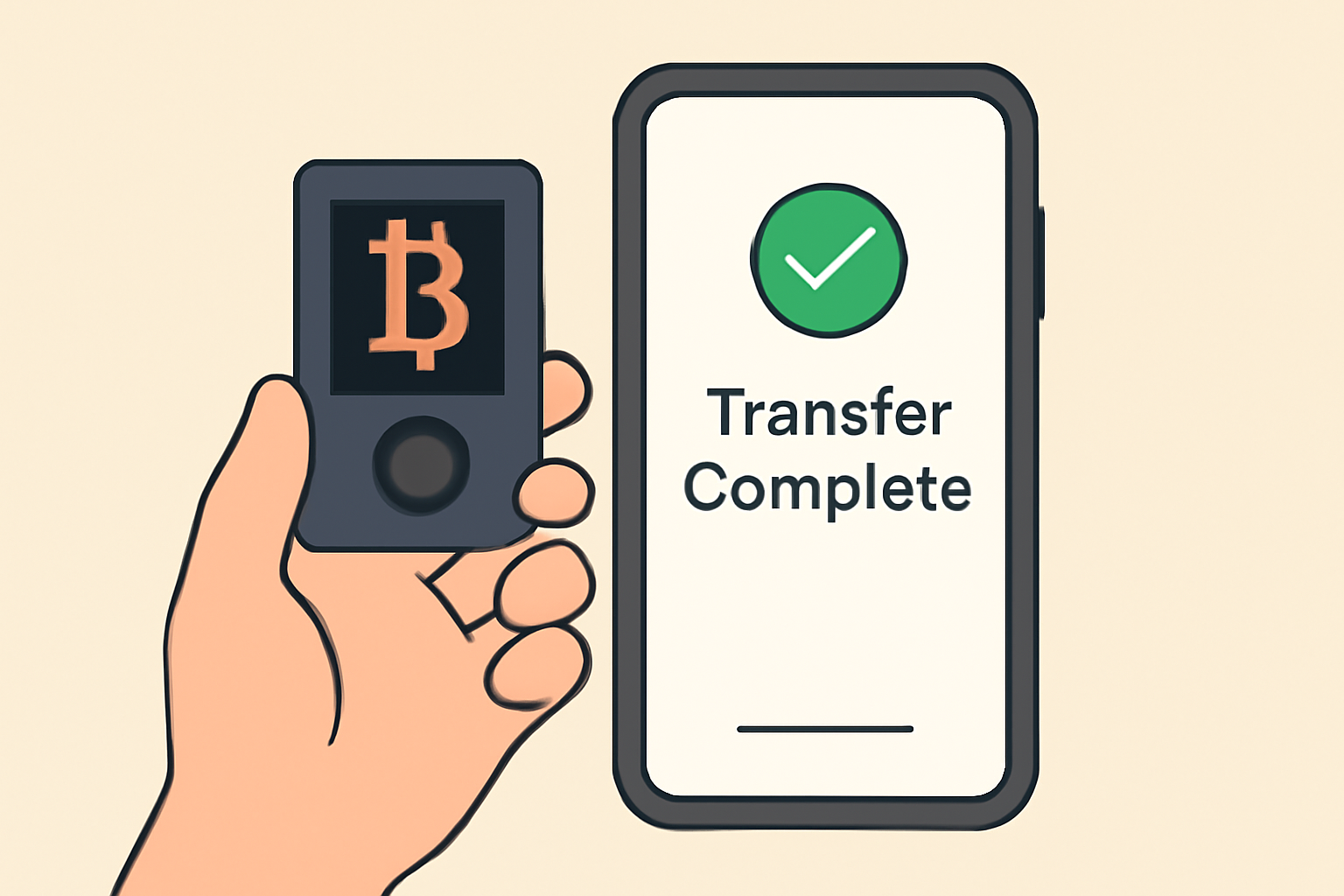 A hand holding a hardware wallet with a digital Bitcoin symbol, and a transfer confirmation screen.