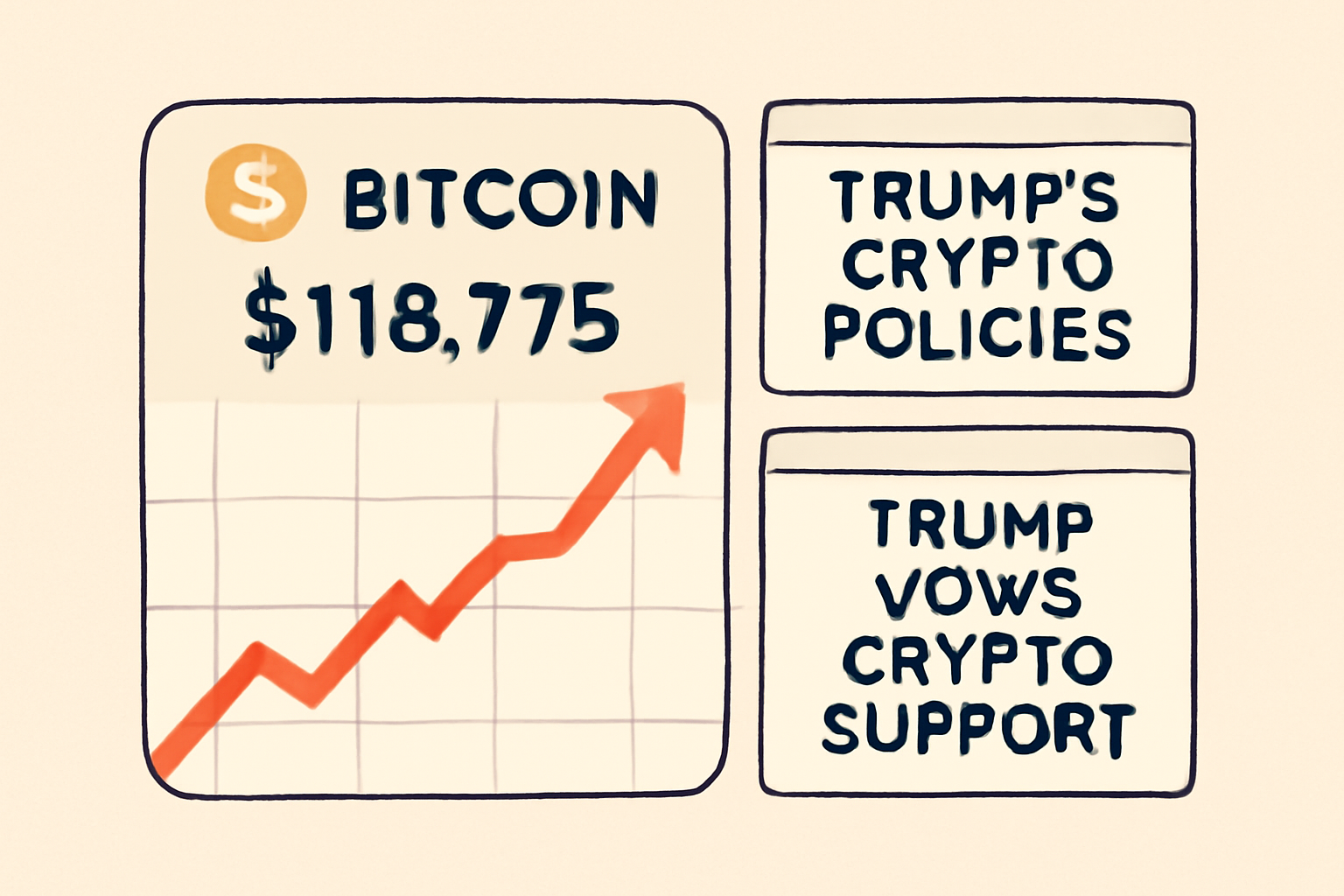 A digital chart showing Bitcoin price at $118,775 with upward trend lines, and news headlines about Trump’s crypto policies in the background.