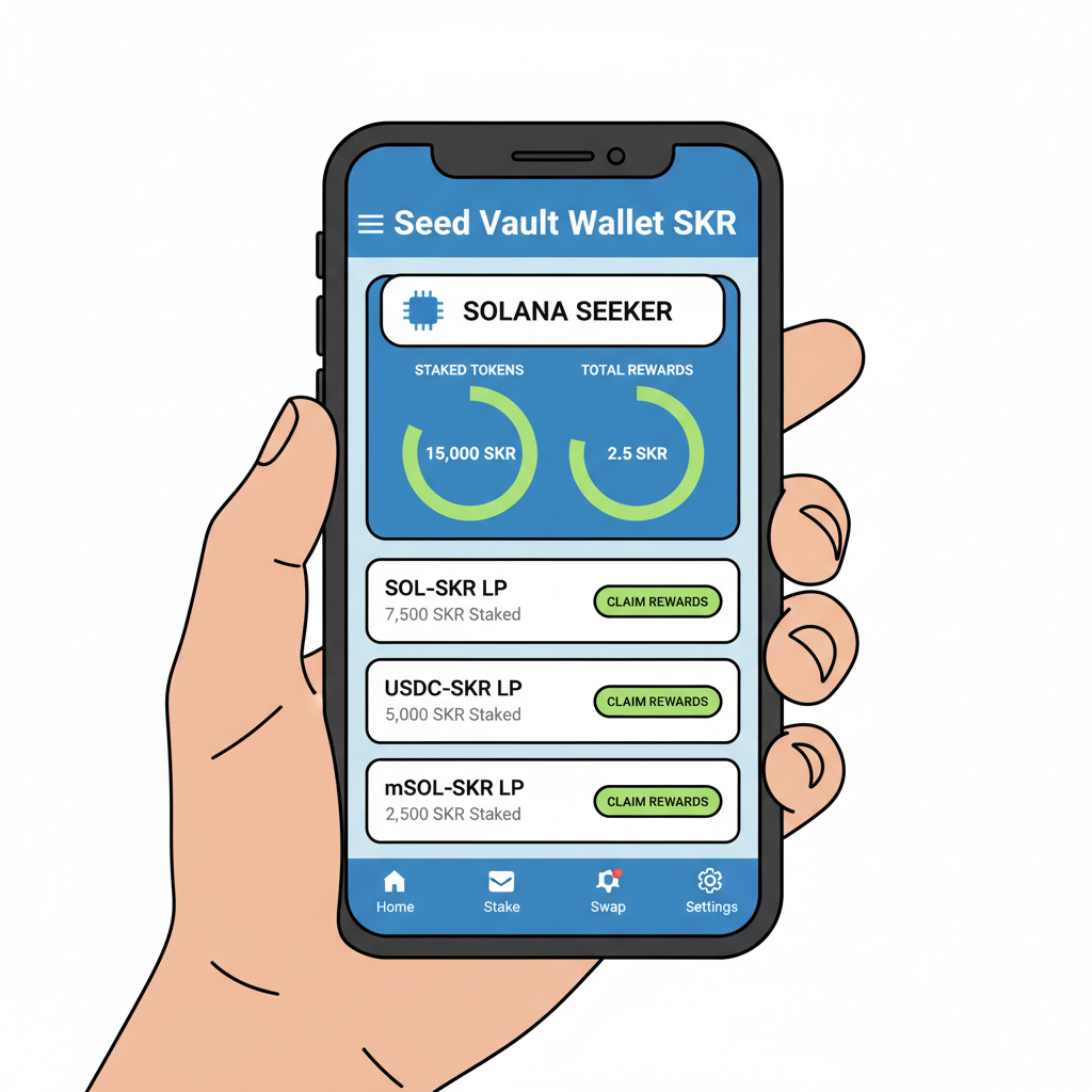 Solana Seeker phone screen showing Seed Vault Wallet SKR staking dashboard with staked tokens and rewards