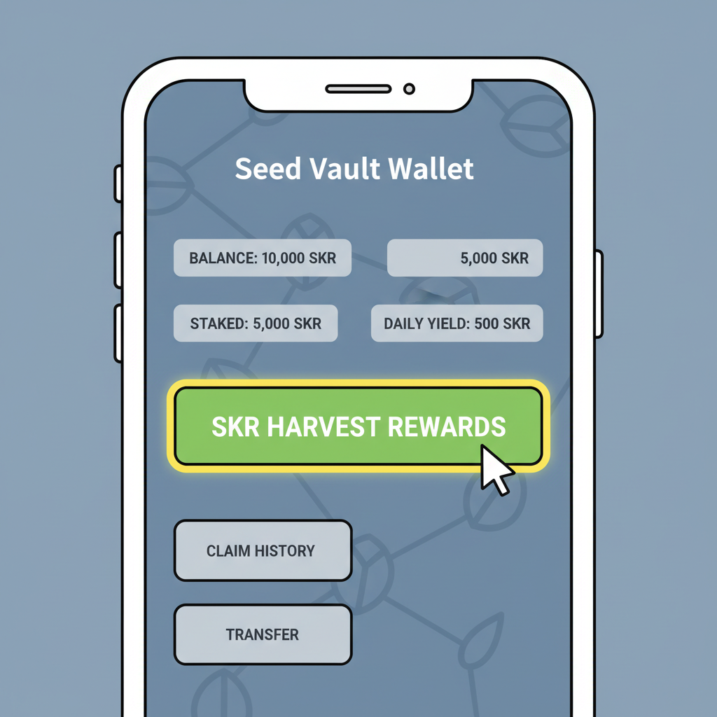 Close-up of phone screen with SKR harvest rewards button highlighted in Seed Vault Wallet