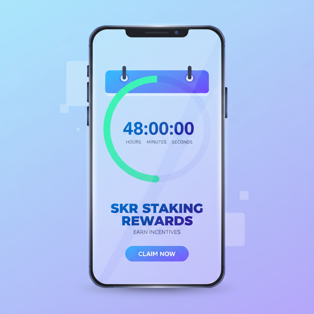 Calendar timer on futuristic phone showing 48-hour countdown for SKR staking rewards