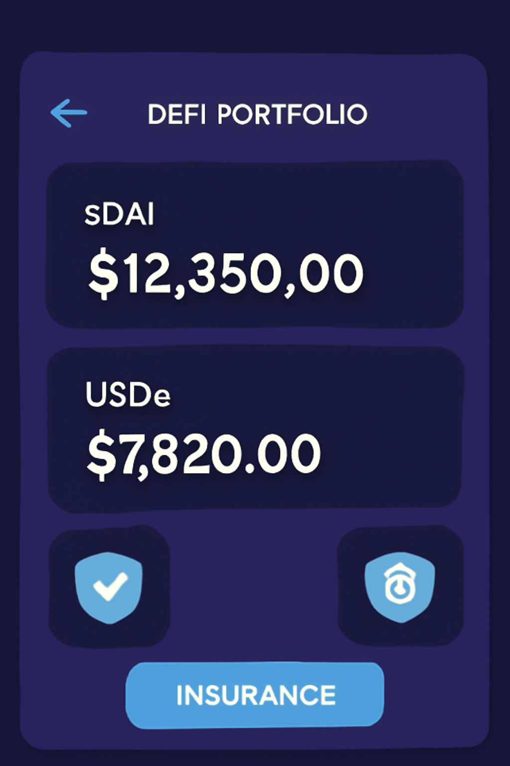 A dashboard interface of a DeFi portfolio manager app, showing sDAI and USDe balances, with security badges and insurance icons, futuristic style