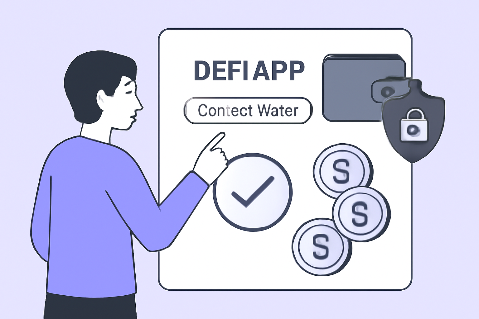 A user connecting a crypto wallet to a DeFi app, confirming a secure deposit of stablecoins, digital wallet and lock icon, modern UI