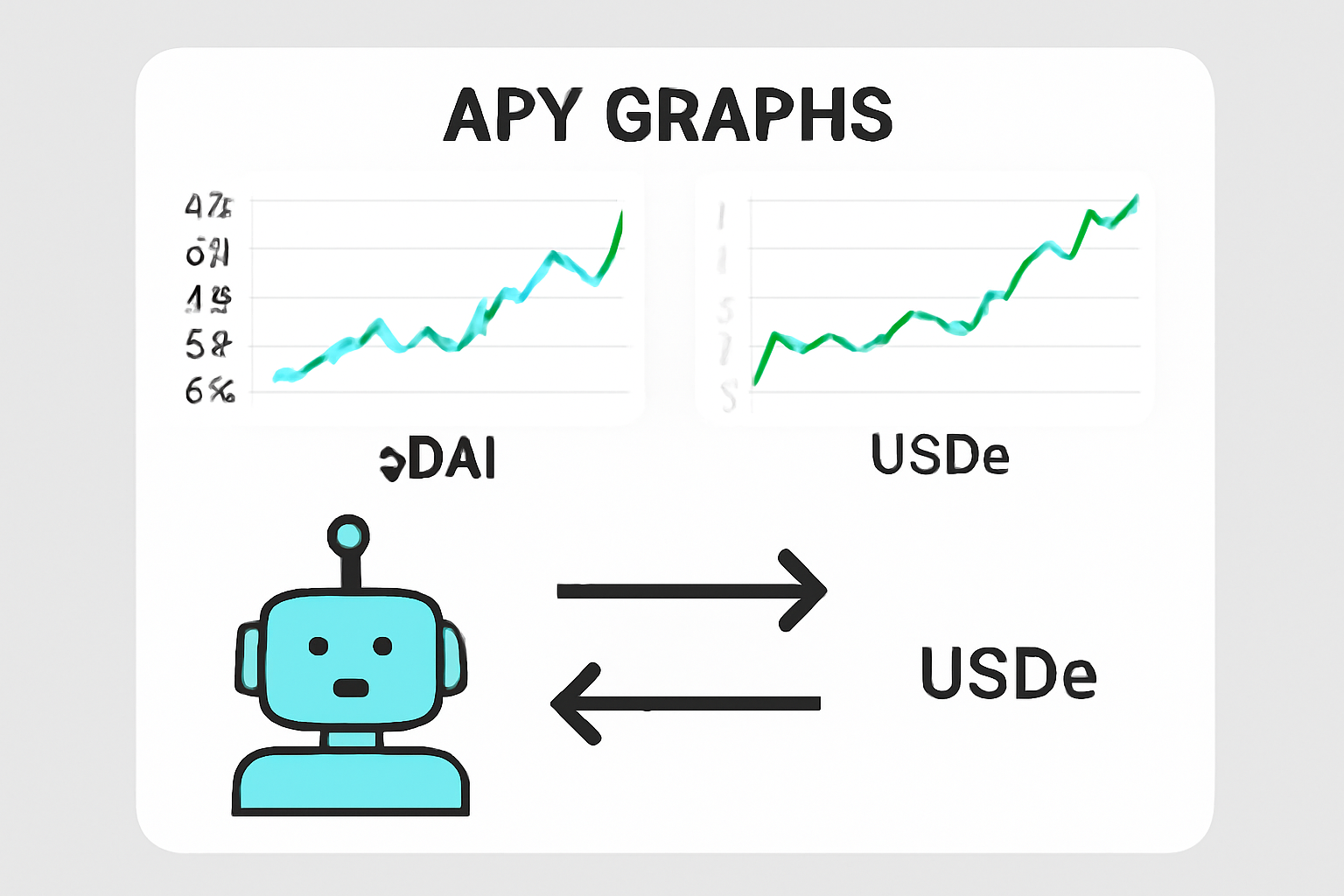 A digital dashboard with real-time APY graphs for sDAI and USDe, automation bot icon, arrows showing rebalancing between assets, data-driven style