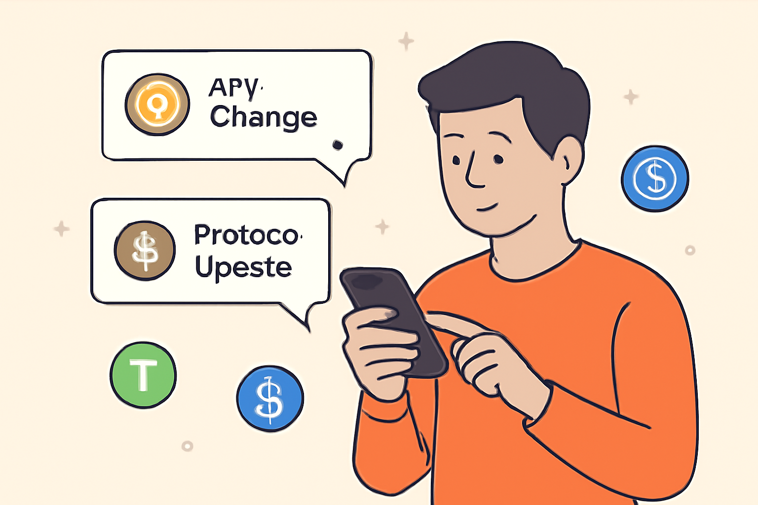 A user checking notifications on a smartphone, with pop-up alerts for APY changes and protocol updates, stablecoin icons, informative and engaging