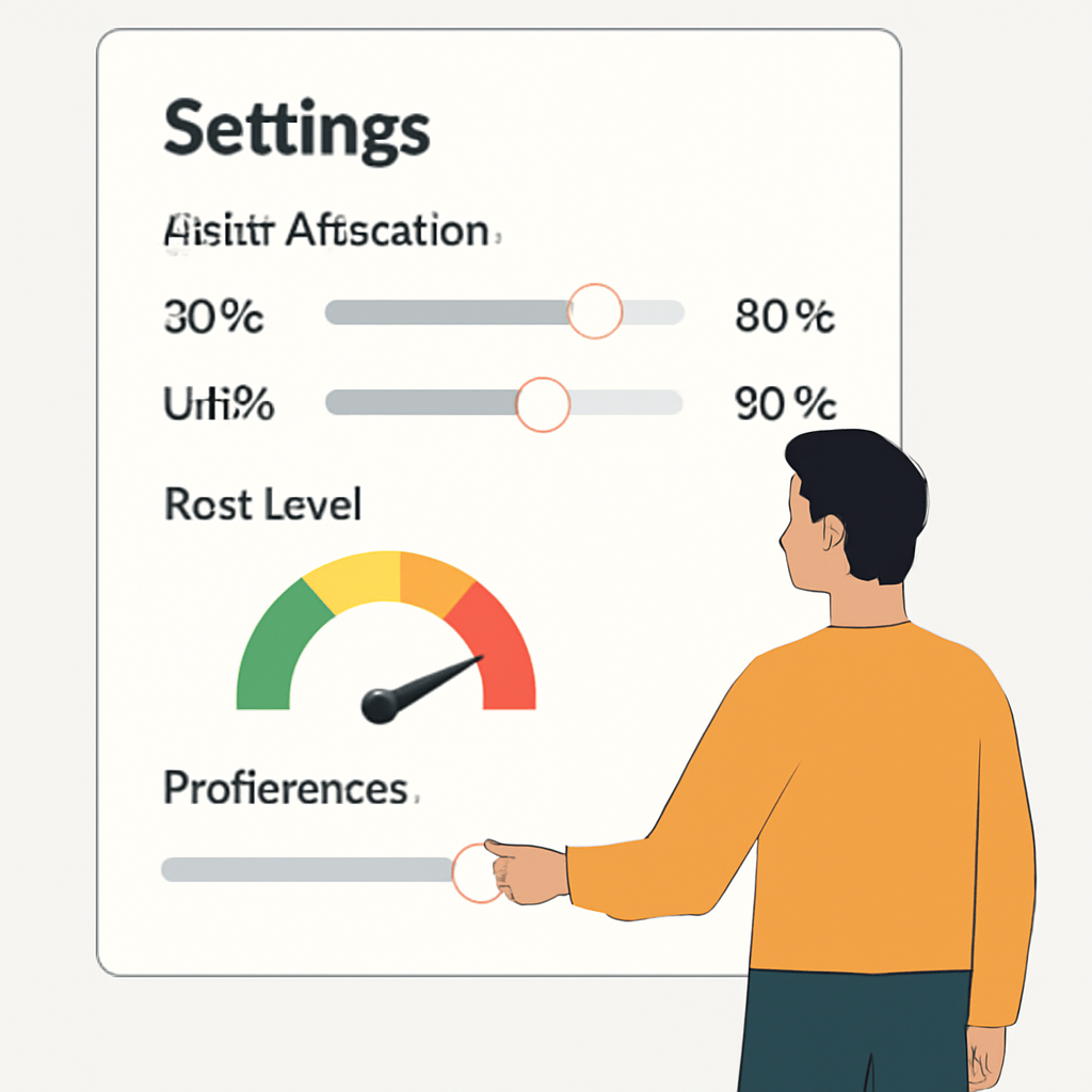 A settings panel with sliders for asset allocation between sDAI and USDe, risk level meter, user adjusting preferences, clean and simple design