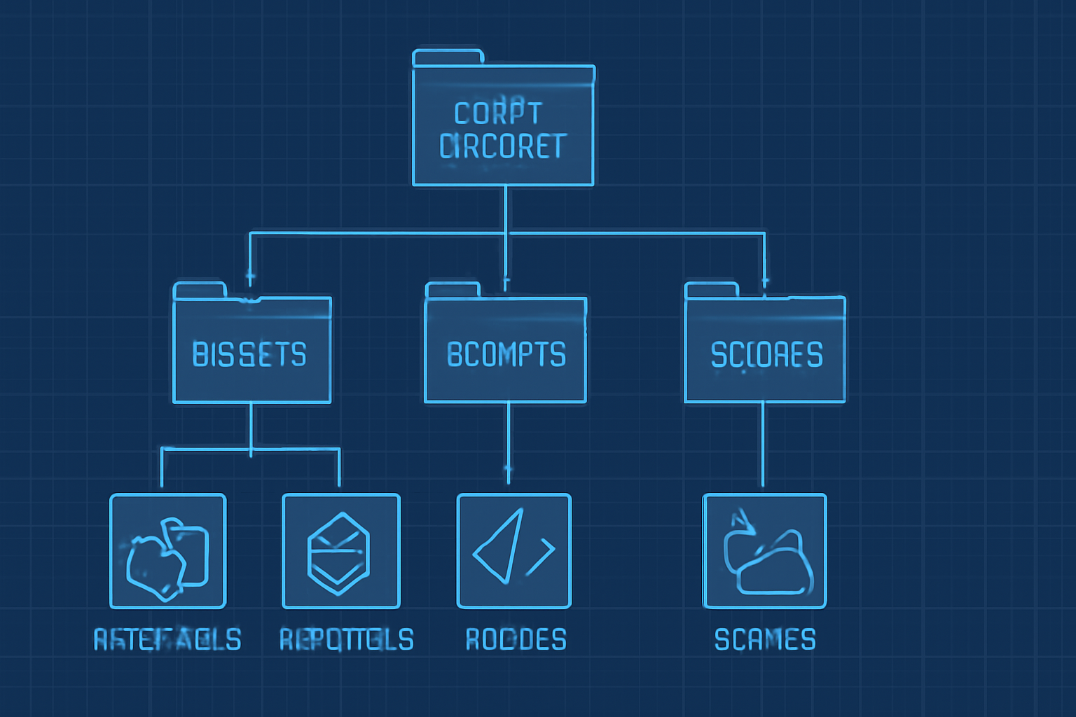 A digital blueprint of a game project folder structure, with futuristic icons and a sense of organization
