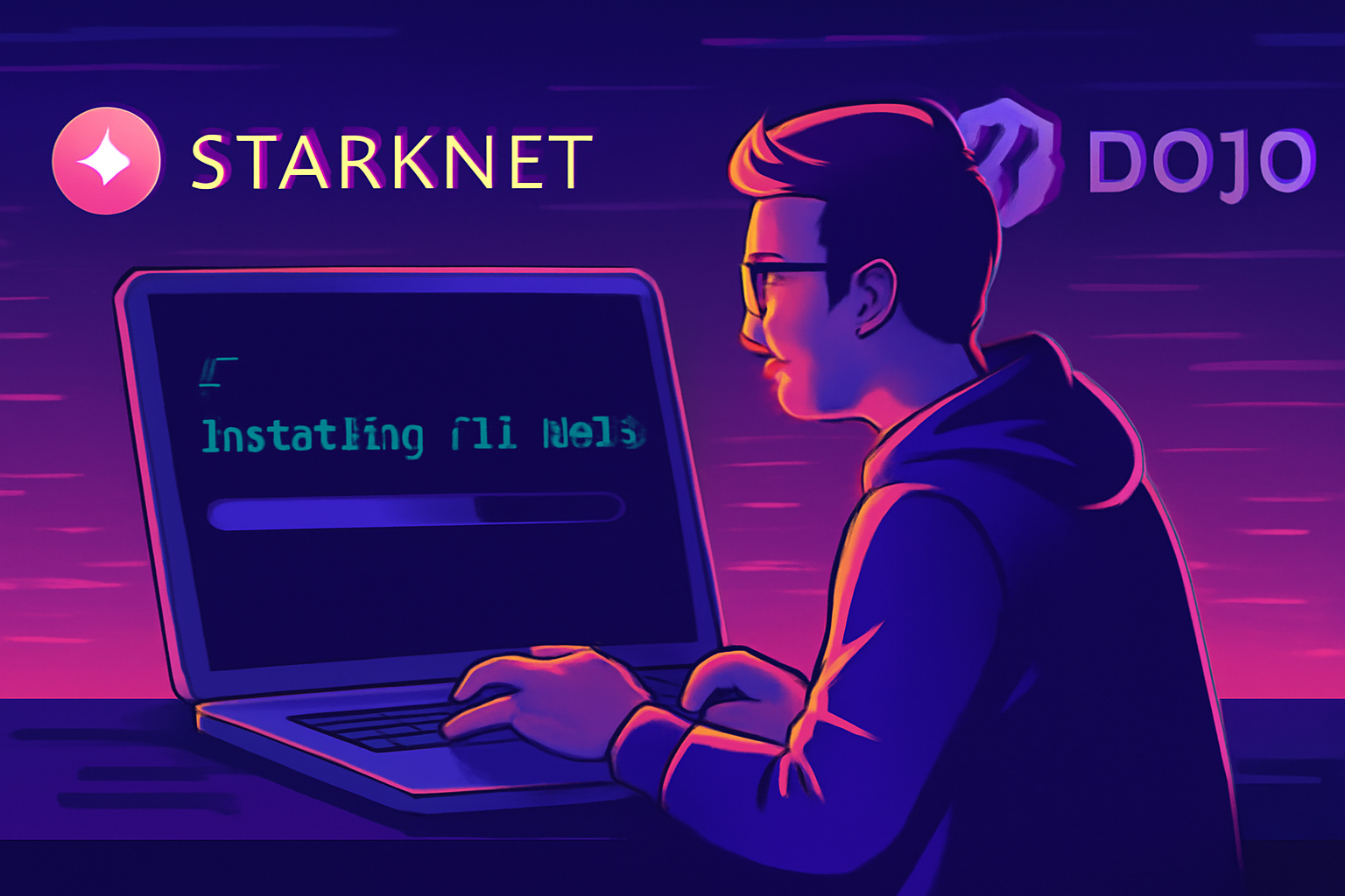 A developer installing CLI tools on a modern terminal, with Starknet and Dojo logos in the background, cyberpunk style