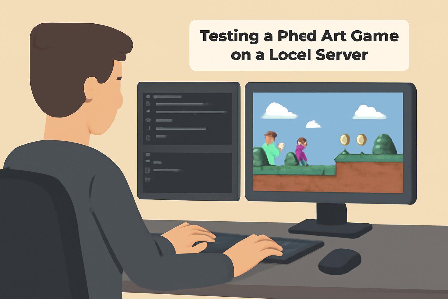 A game developer testing a pixel-art game on a local server, with code and CLI windows open