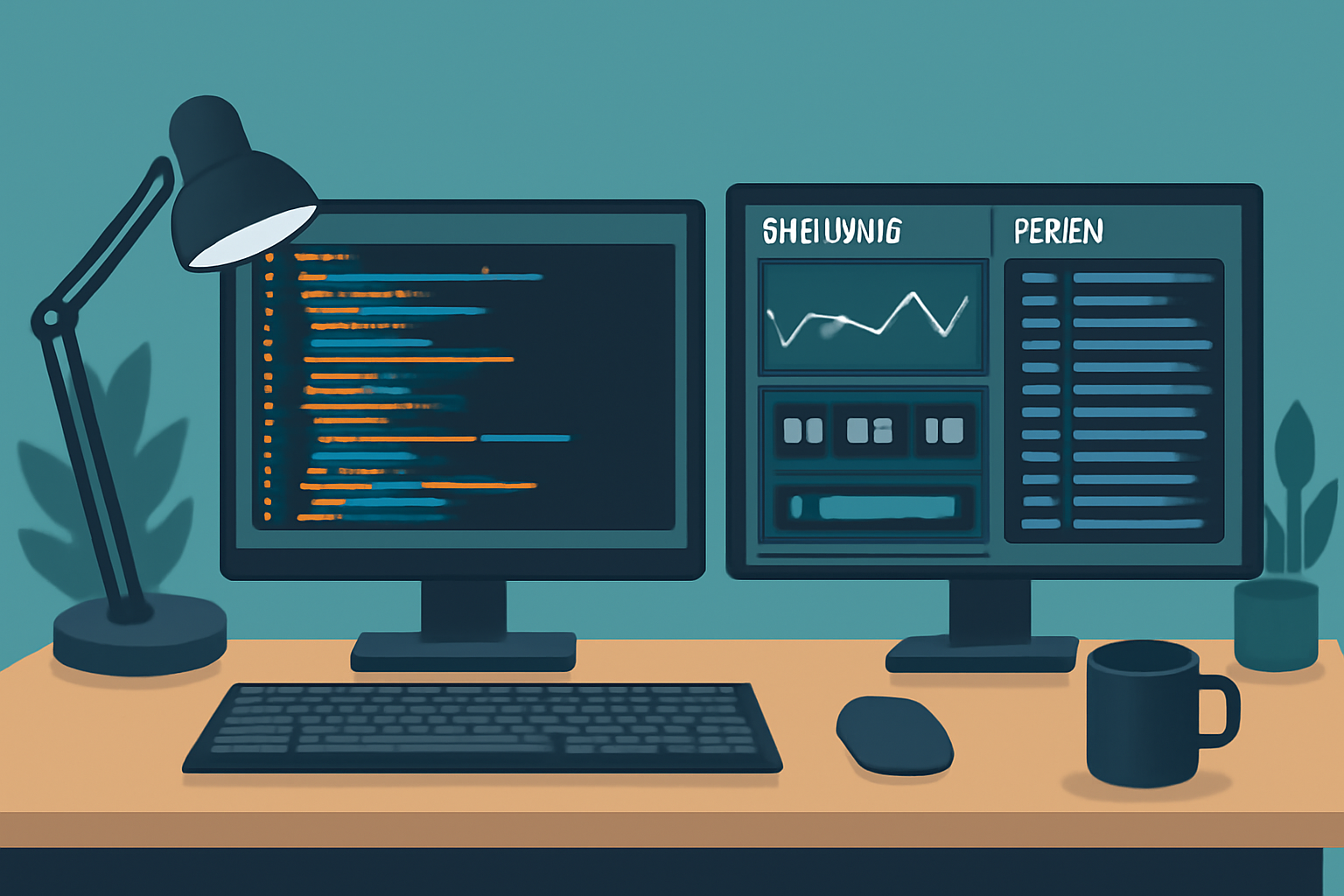 A developer desk with dual monitors showing code, a Katana node dashboard, and Torii event logs, in a techy workspace