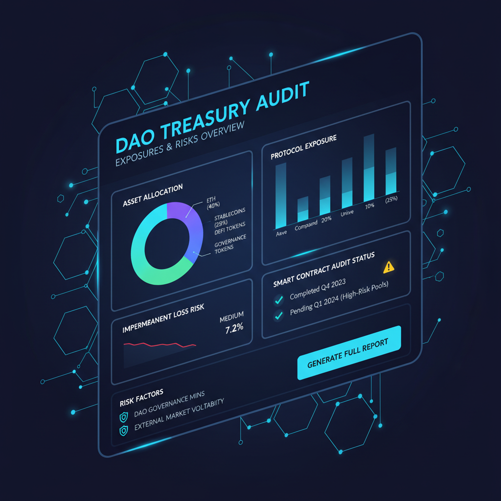 DAO treasury audit dashboard with charts showing exposures and risks, futuristic blockchain interface, dark mode, professional