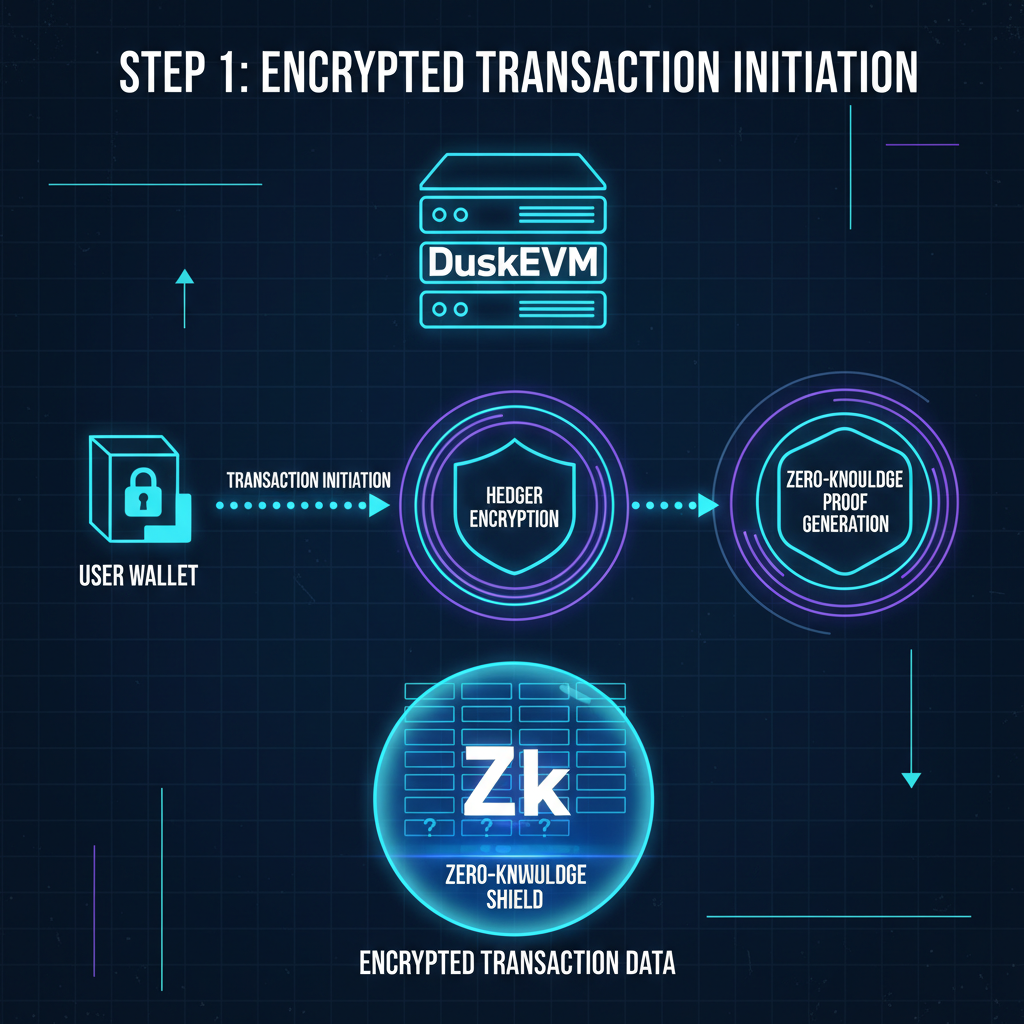 Hedger integration on DuskEVM, encrypted transaction flow visualization, zero-knowledge shields, tech blueprint style