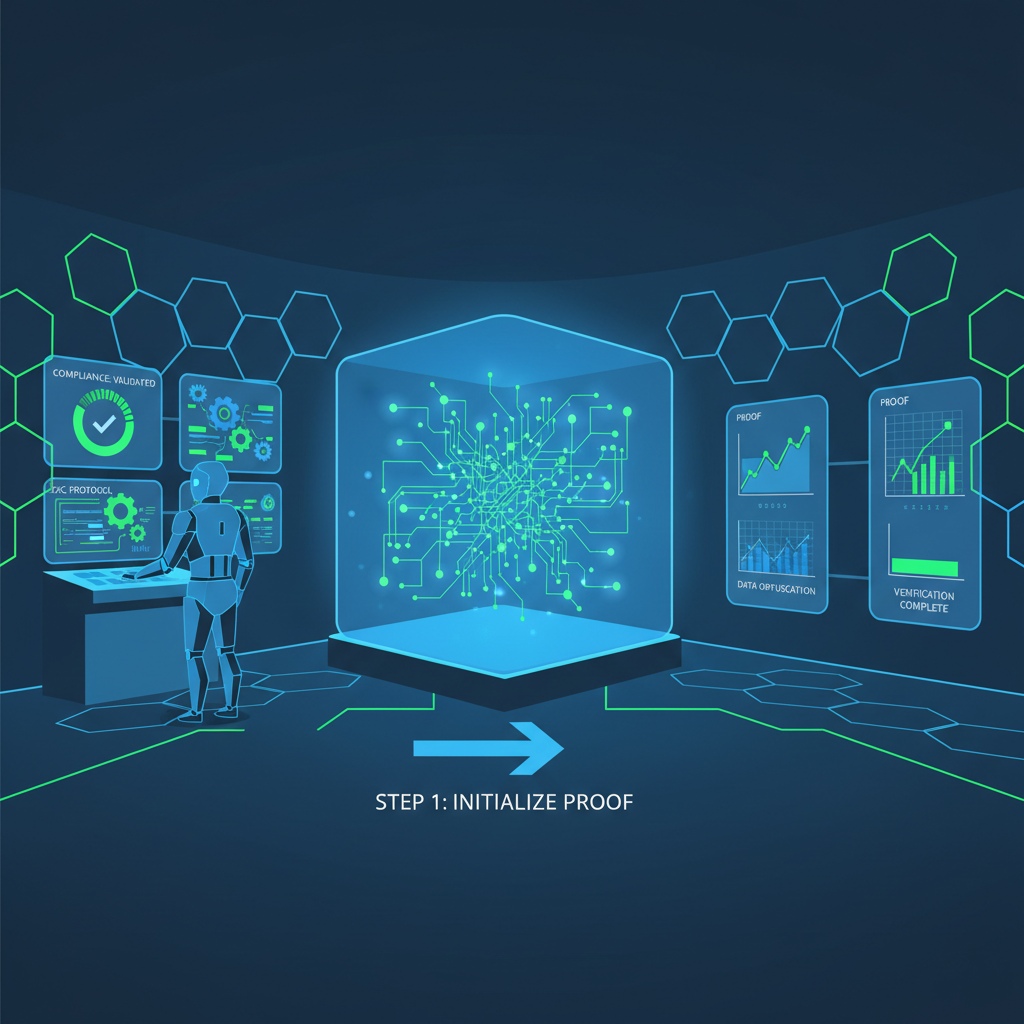 Testing ZKC proofs in lab setting, graphs validating compliance, zero-knowledge circuits, sci-fi cybersecurity vibe