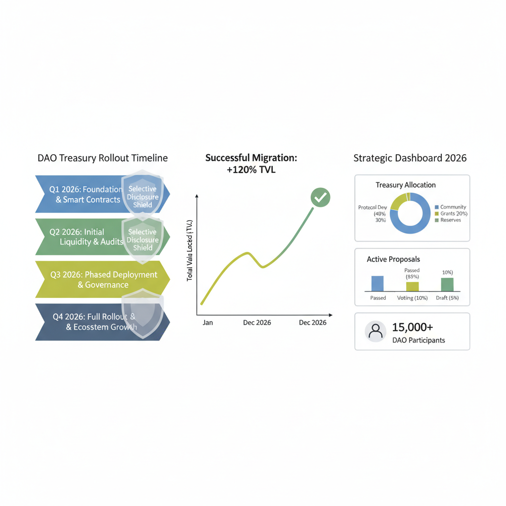 DAO treasury rollout timeline with selective disclosure shields, successful migration graph, strategic dashboard 2026 style
