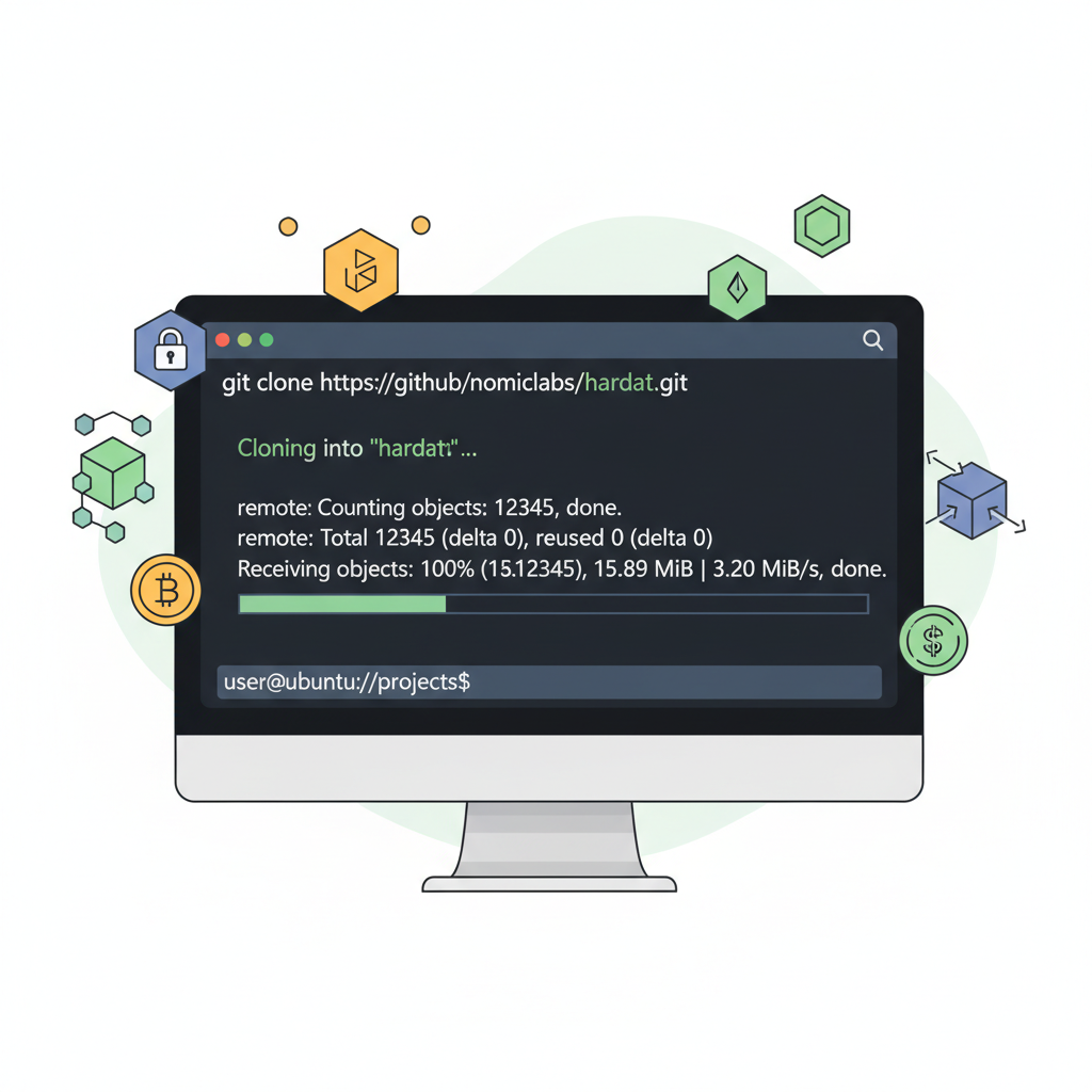 git clone command in terminal cloning hardhat repo, blockchain icons, command line interface, clean modern UI