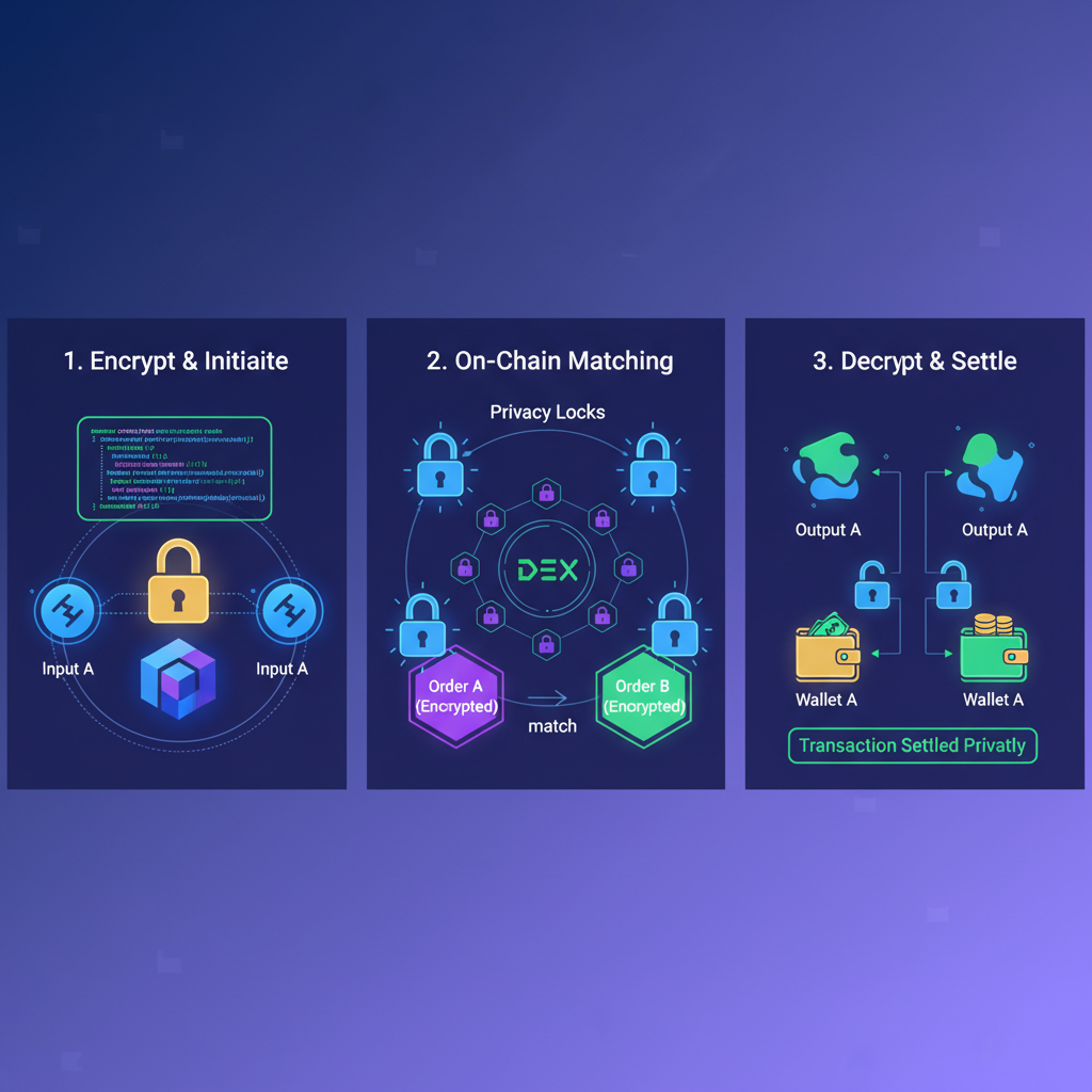 smart contract code for private DEX swap with encrypted inputs, blockchain DEX interface, glowing privacy locks