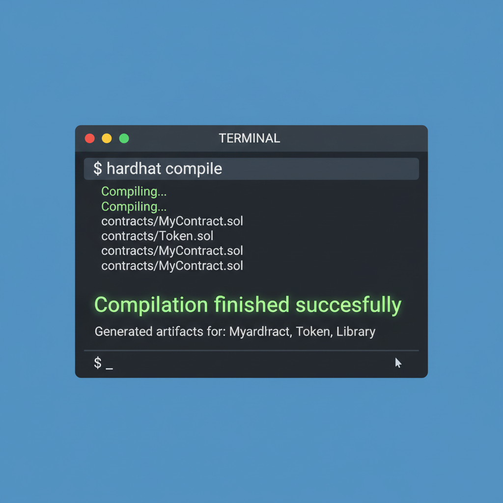 hardhat compile command output in terminal, successful contract compilation