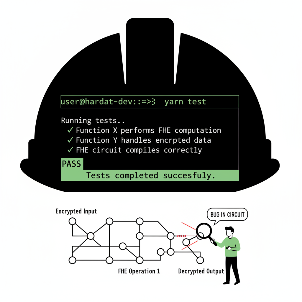 hardhat terminal running yarn test, green pass checks, FHE computation graphs, developer debugging