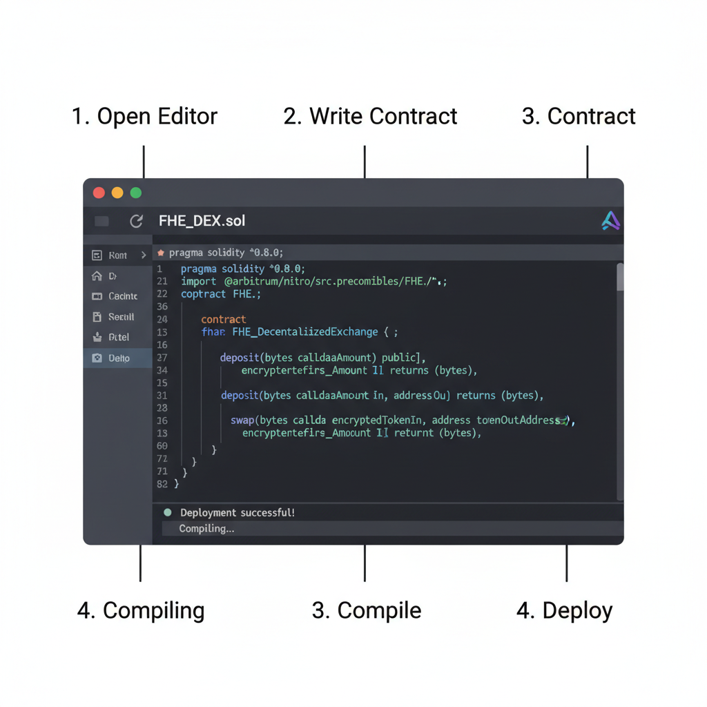 code editor open with FHE DEX smart contract example, Arbitrum logo
