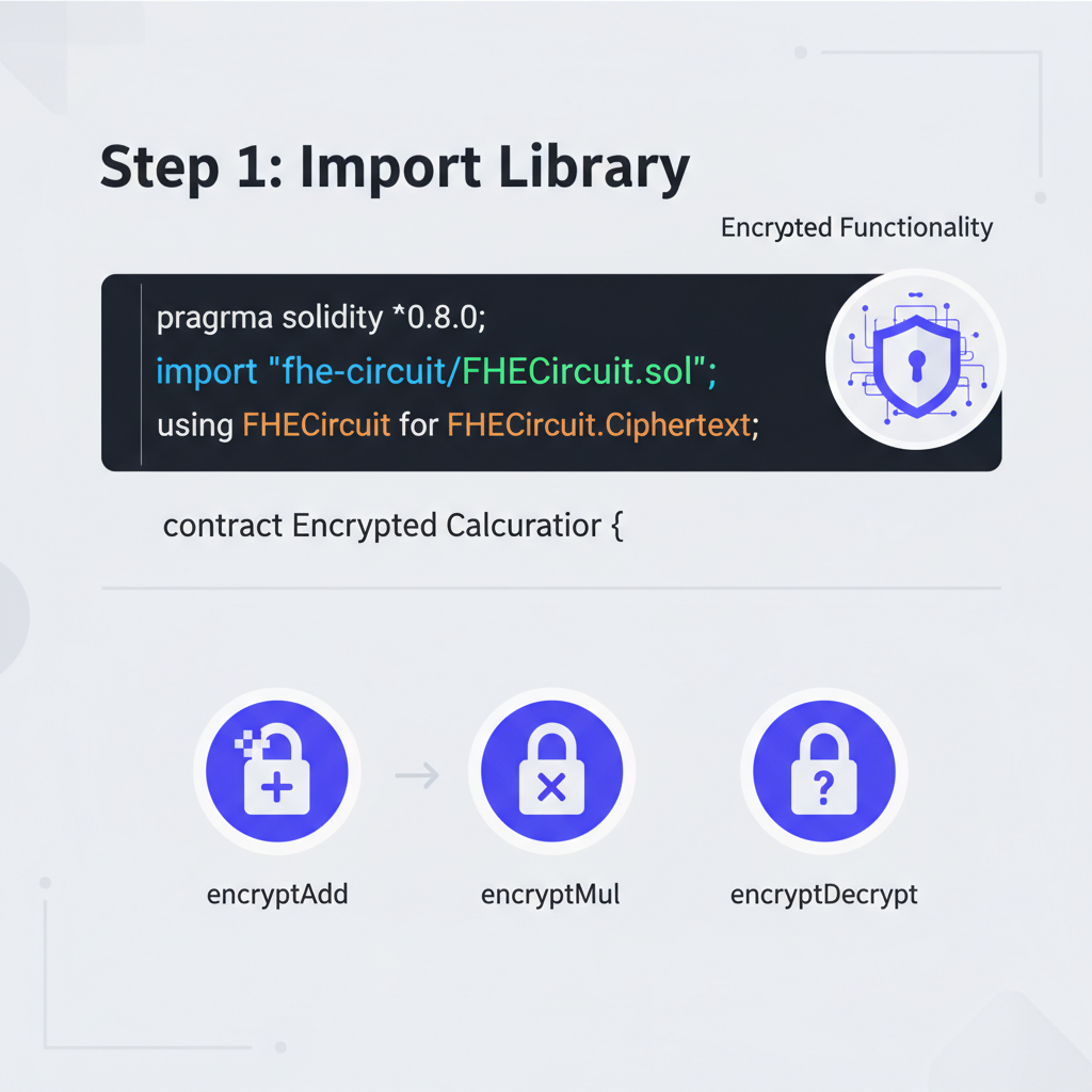 solidity code snippet importing fhe-circuit library, encrypted function icons, code highlighter theme