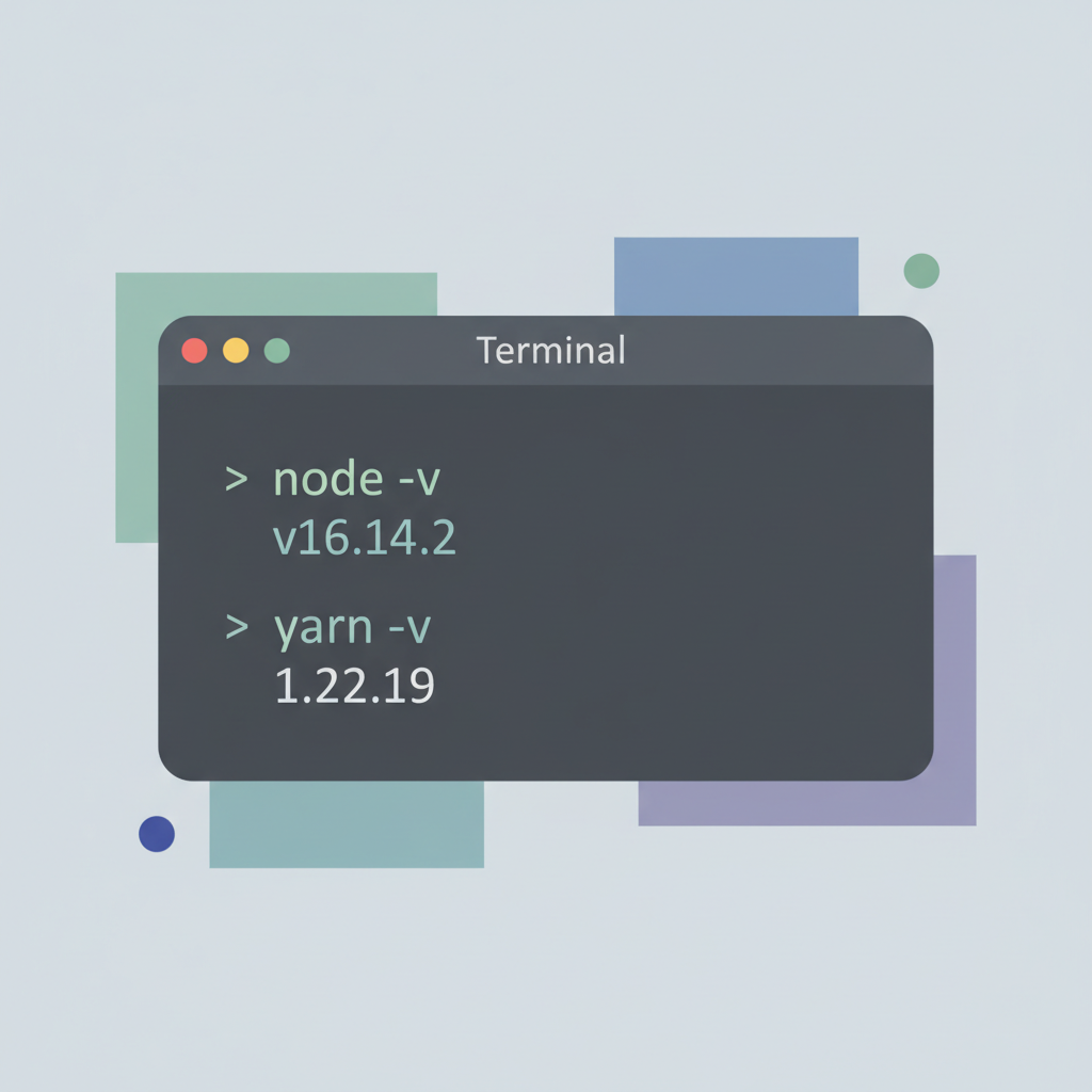 clean terminal window showing node and yarn version checks, developer setup theme