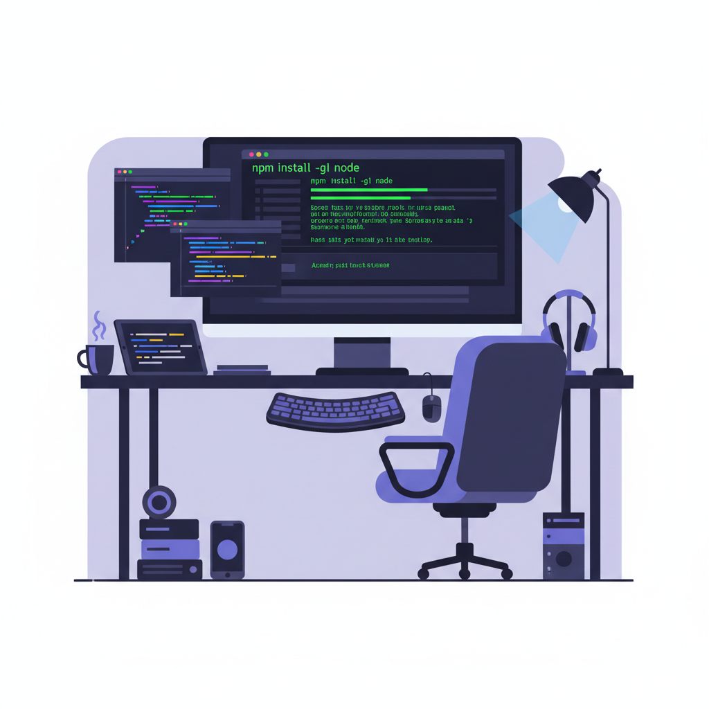 developer workstation with terminal open installing node.js and yarn, code editors, dark mode, tech setup illustration