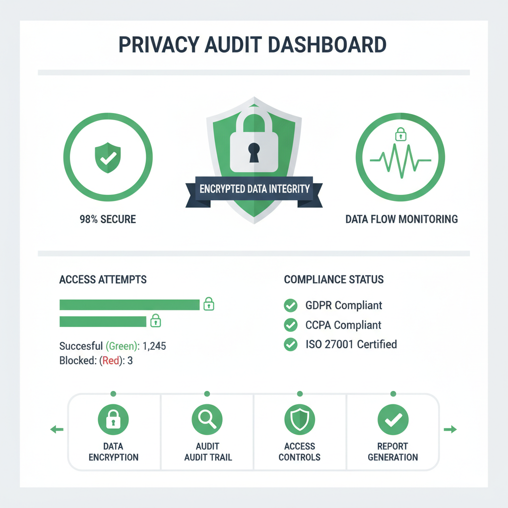 privacy audit dashboard showing encrypted data integrity, charts with lock icons, secure green checks