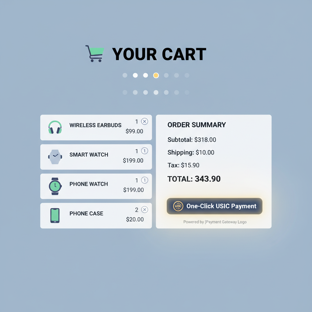 e-commerce cart page with glowing OneClickButton for USDC payment, shopping items, professional design