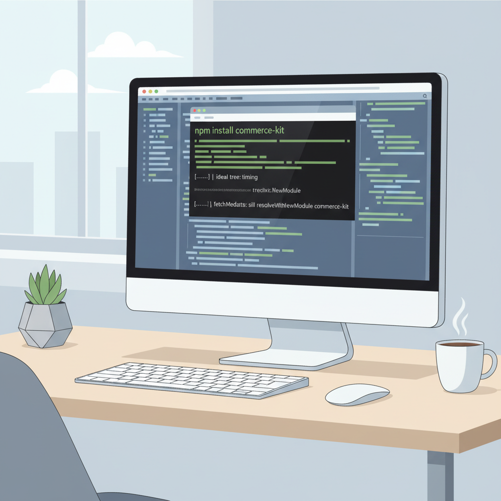 terminal installing npm package commerce-kit, clean developer desk, code on screen