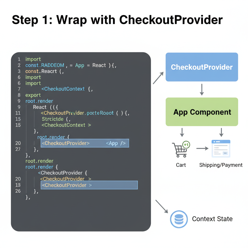 React code snippet with CheckoutProvider wrapping App component, syntax highlighted, modern UI