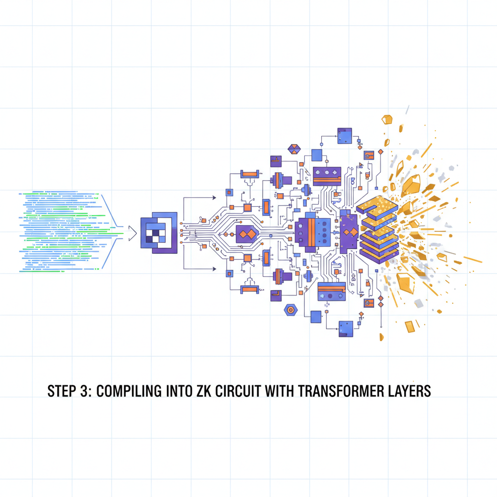 compiling code into intricate ZK circuit diagram with transformer layers exploding in gold