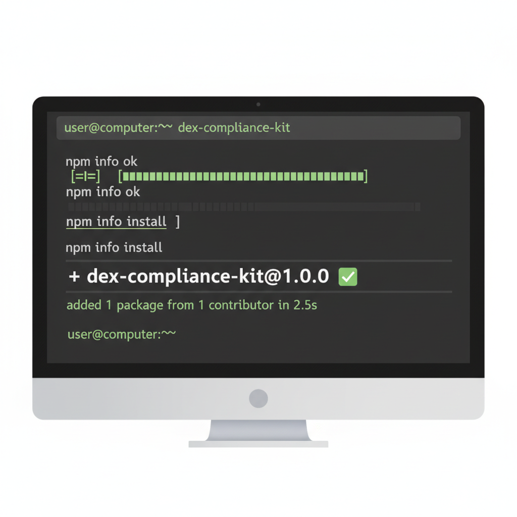 clean terminal screen showing npm install dex-compliance-kit command succeeding
