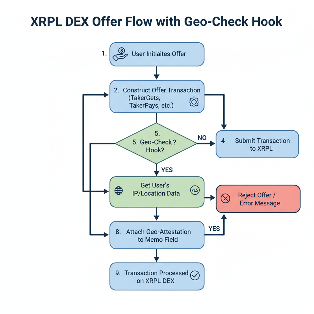 code flowchart XRPL DEX offer flow with geo-check hook before submission
