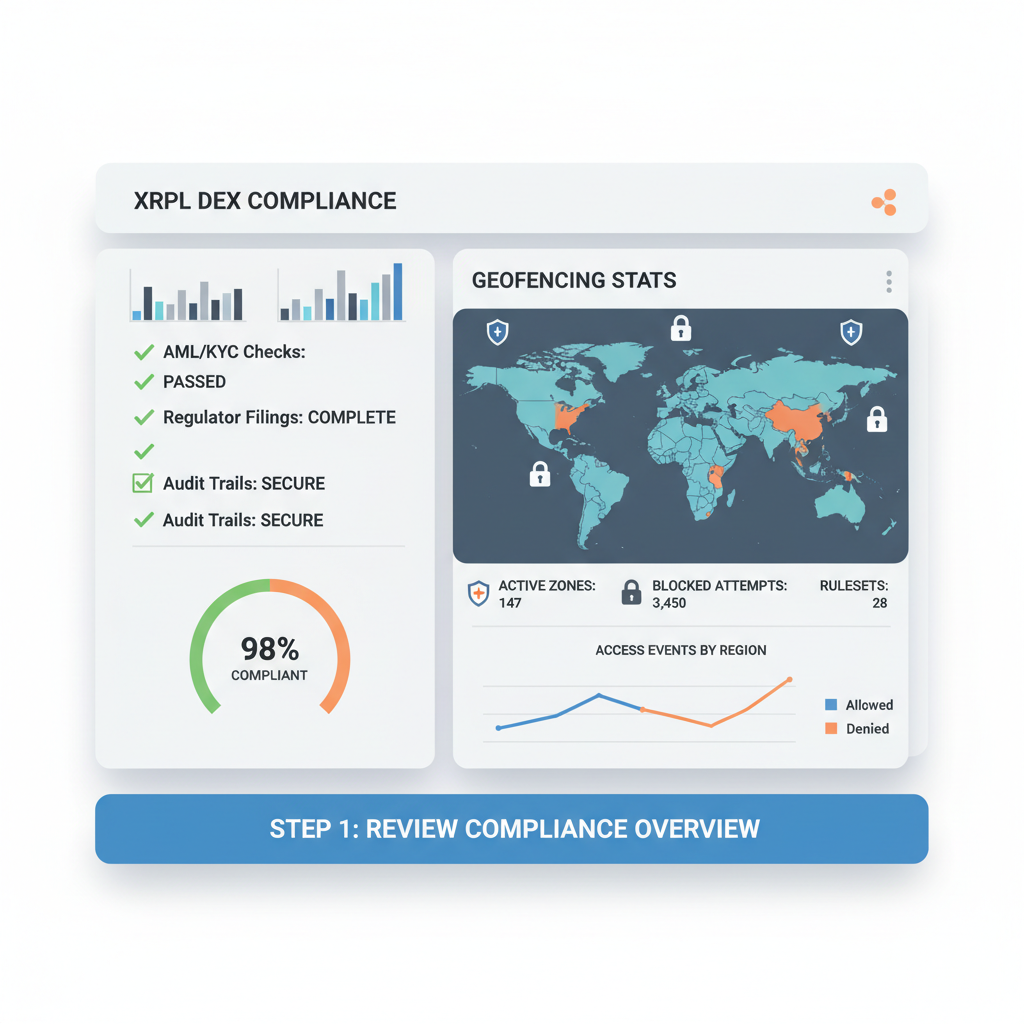 modern dashboard monitoring XRPL DEX compliance reports and geofencing stats