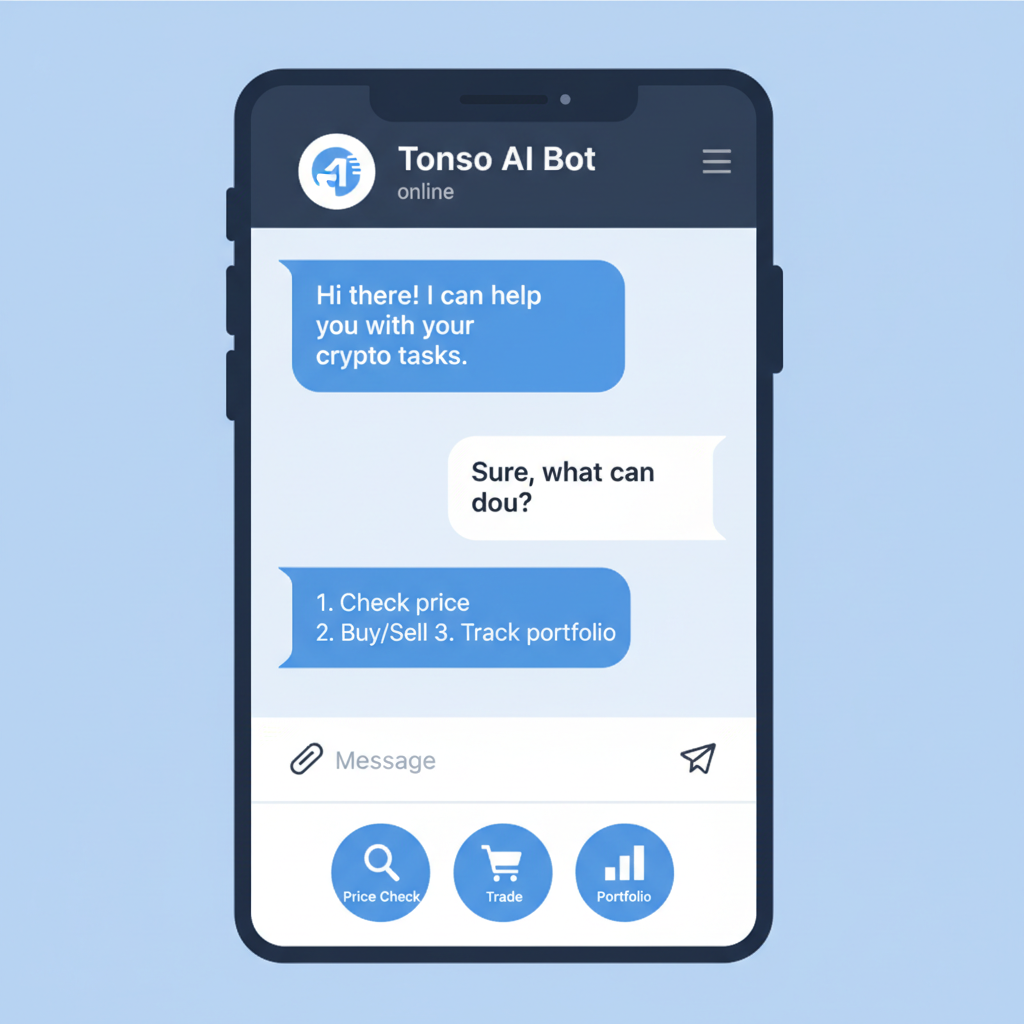 mobile phone screen showing Telegram app with Tonso AI bot open, clean UI, blue tones