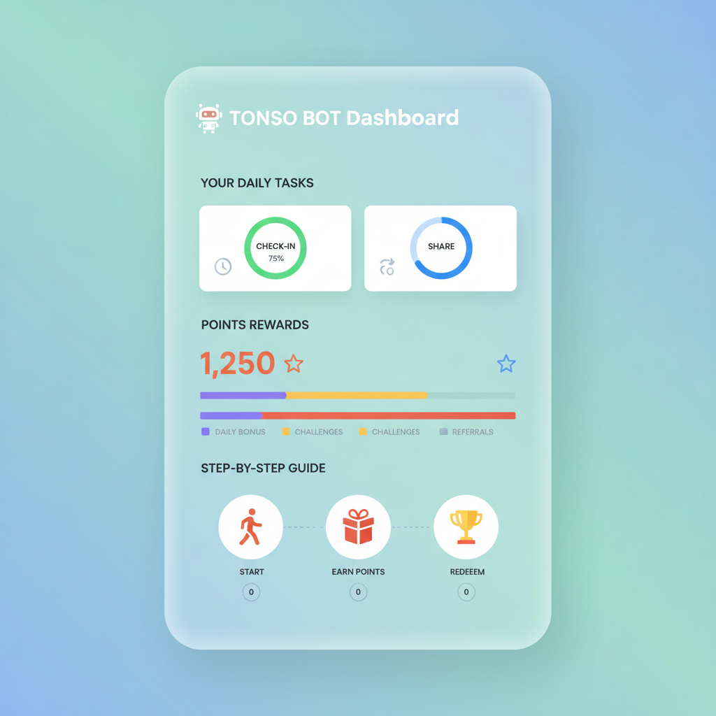 Tonso bot dashboard listing tasks like check-in and share, points rewards shown, modern app interface with progress bars